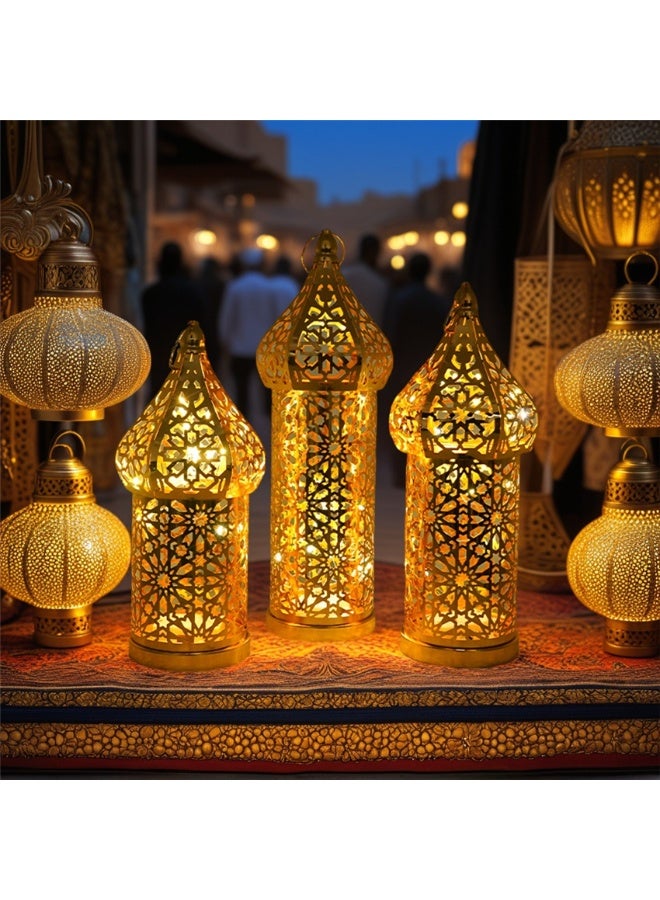 Ramadan Lantern Candle Holder, Metal Eid Mubarak Lantern Decor Lights, Moroccan Hollowed Lantern Lighting Decoration for Home Table Party Ramadan Tabletop, 10*10*30cm (Gold -M) - Image 4